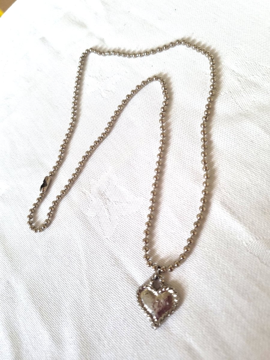 Upcycled Silver-coloured Metal Heart Charm Necklace w Ball Chain, 2000s Style