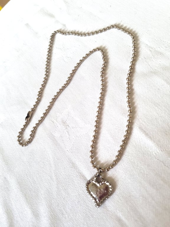 Upcycled Silver-coloured Metal Heart Charm Necklace w Ball Chain, 2000s Style