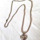 Upcycled Silver-coloured Metal Heart Charm Necklace w Ball Chain, 2000s Style