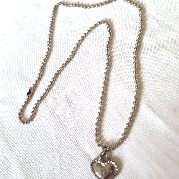 Upcycled Silver-coloured Metal Heart Charm Necklace w Ball Chain, 2000s Style