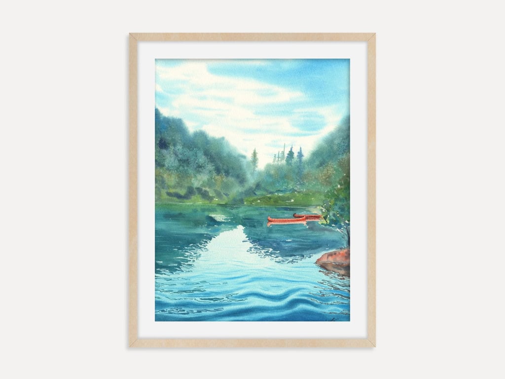 Italian Dolomites Wall Art Print, Calm Lake Watercolor Artwork, Lakeside Poster
