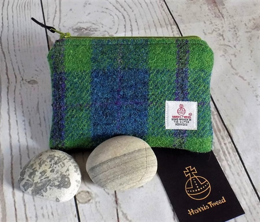 Harris Tweed coin purse. Tartan weave in pea green, blue and violet purple