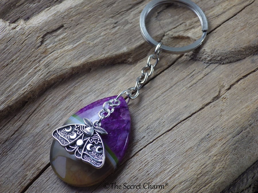 Lunar Moth Keychain, Gemstone Keyring, Purse Bag Charm, Nature Lover's Gift OOAK