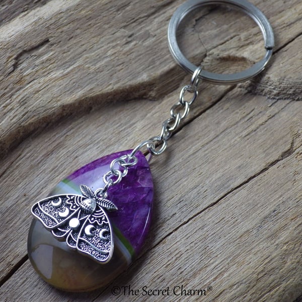 Moon Phase Moth Keychain, Gemstone Keyring, Purse Bag Charm, OOAK