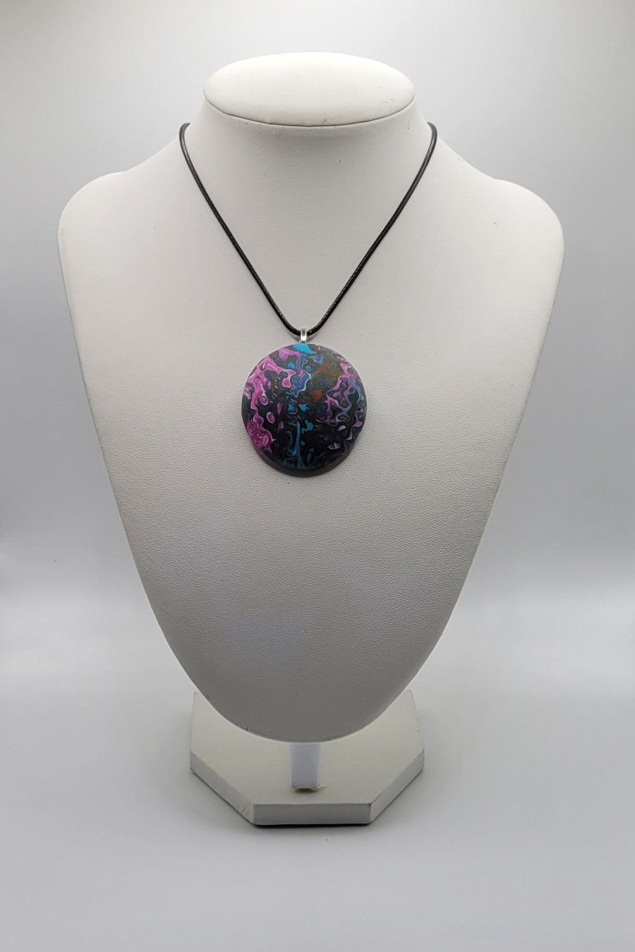 Polymer clay pendant necklace handmade jewellery 40 mm convex