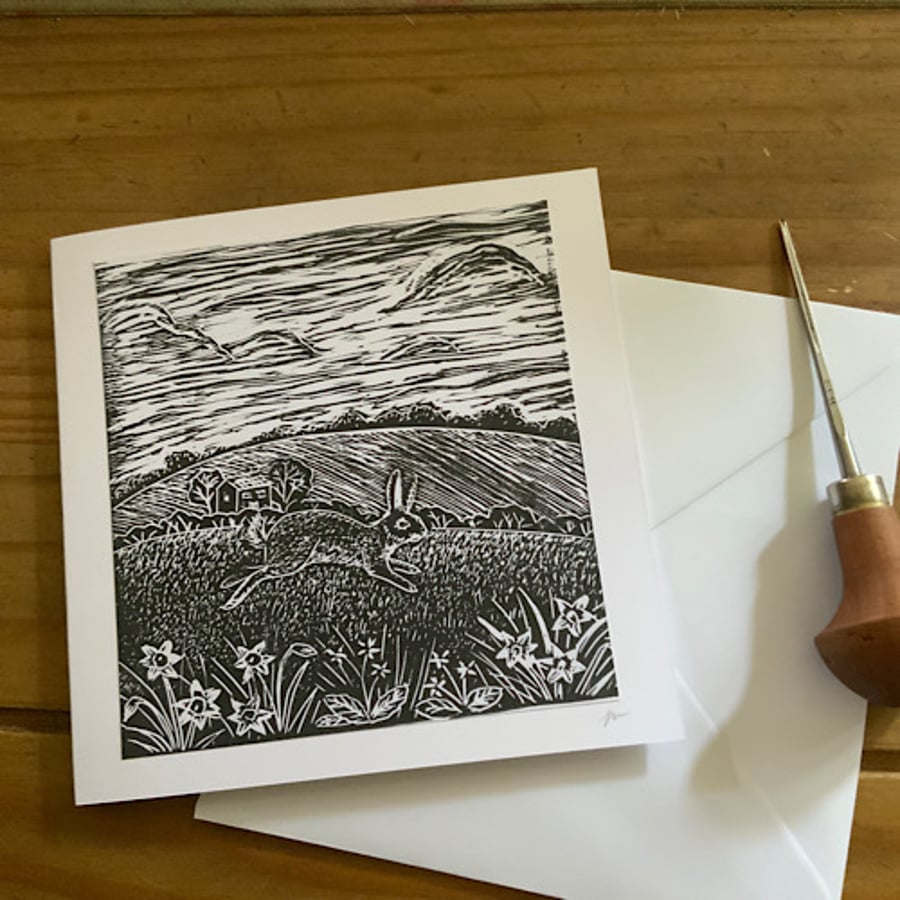 Rabbit lino print card, a hand printed linocut greeting card