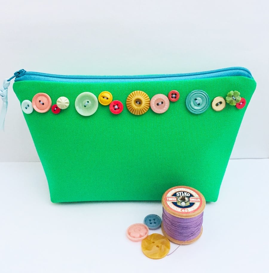Green Canvas MakeUp Bag with Vintage Buttons