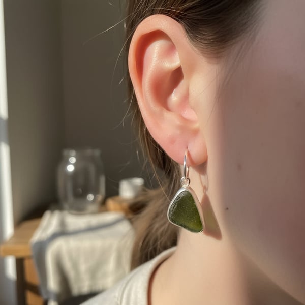 Dark Green Sterling Silver Sea Glass Earrings, Recycled Gift for Her