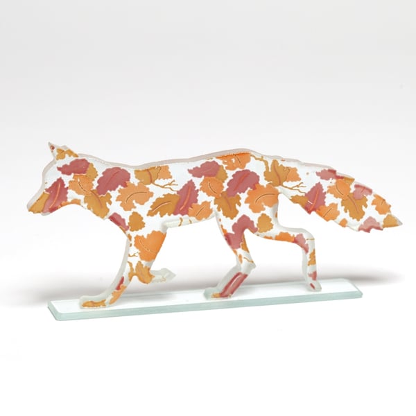 Glass Fox Sculpture with Autumn Leaves 