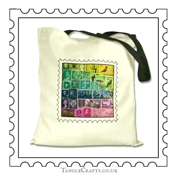 Rainbow Postage Stamp Tote Bag, Long Handles - stamp art print on natural cotton