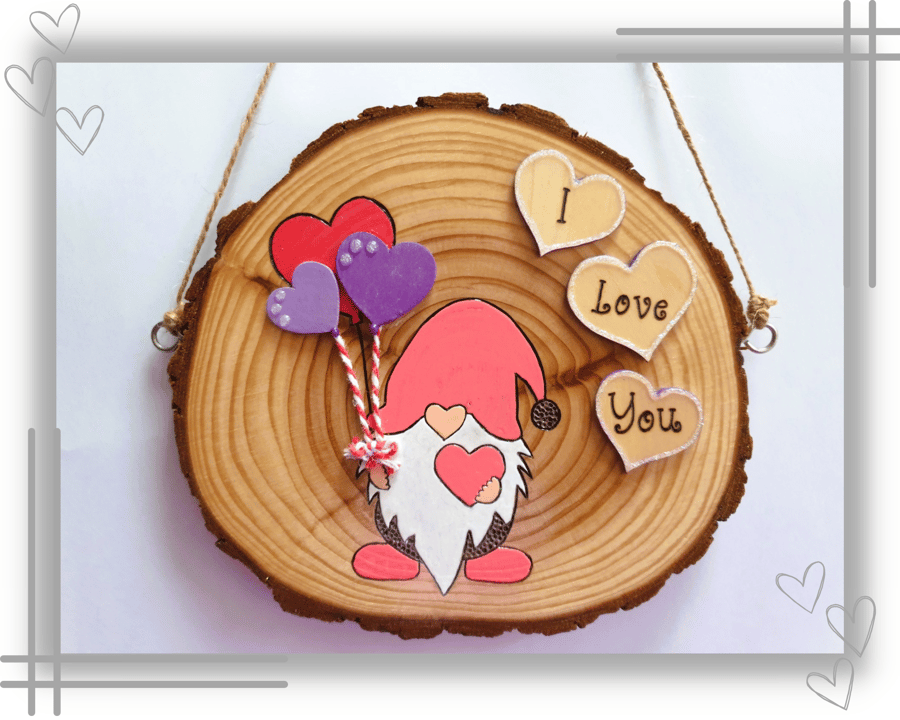 Gonk "I Love You" wooden hanging decoration, Pyrography Gnome