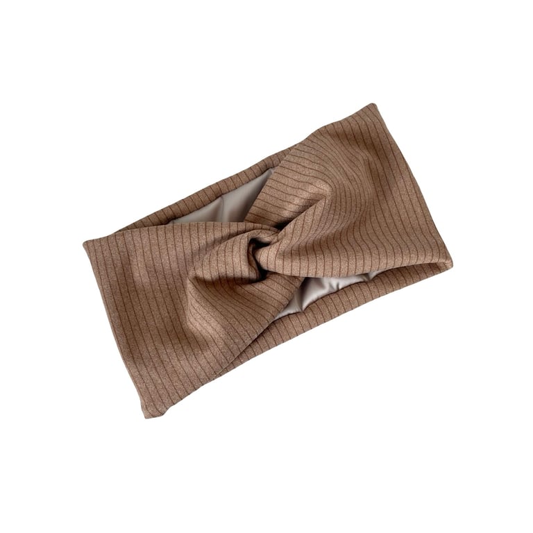 Camel Beige Satin Lined Twisted Headband Wide Brushed Knit Jersey Head Wrap