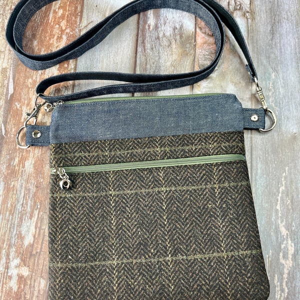 Brown Khaki Wool Tweed Crossbody Bag, Denim Tweed Slim Bag, Tweed Handbag, Tweed