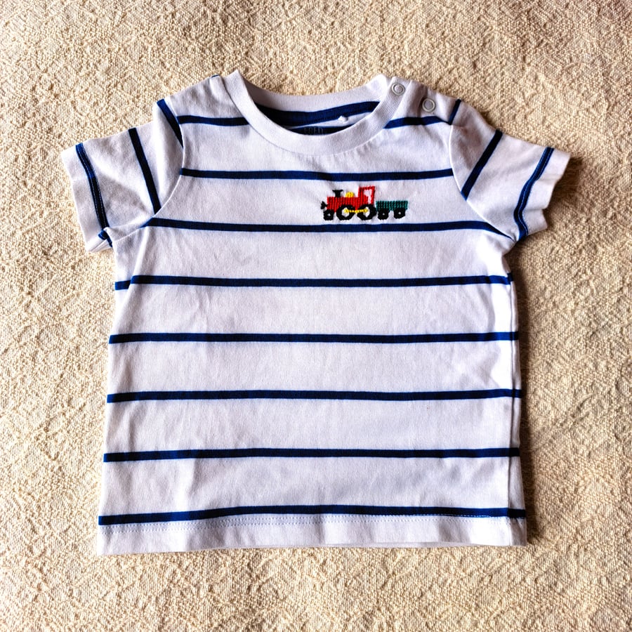 Train, T-shirt, 3-6 months, hand embroidered