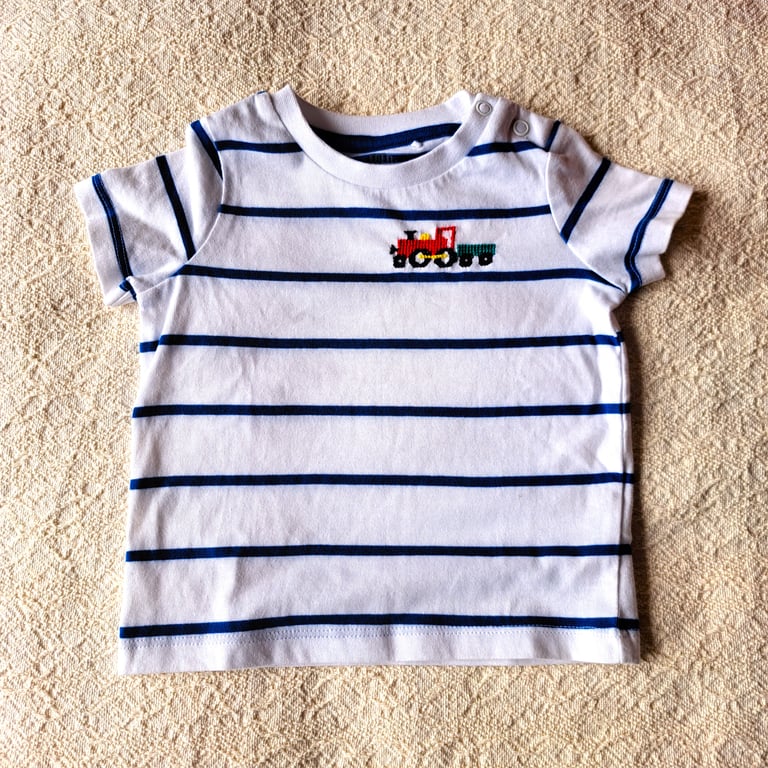 Train, T-shirt, 3-6 months, hand embroidered