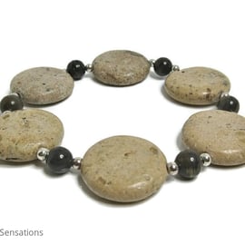 Coffee Jasper & Light Brown Sand Jasper Coin Bead Bracelet With Sterling Silver