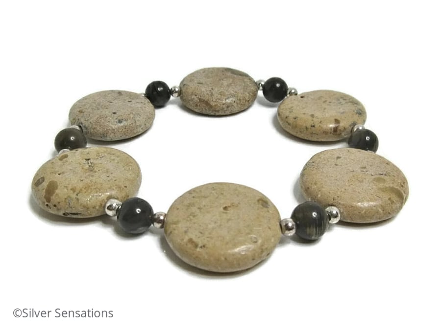 Coffee Jasper & Light Brown Sand Jasper Coin Bead Bracelet With Sterling Silver