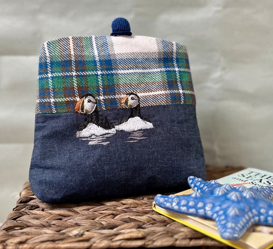 clutch bag with hand embroidered puffins