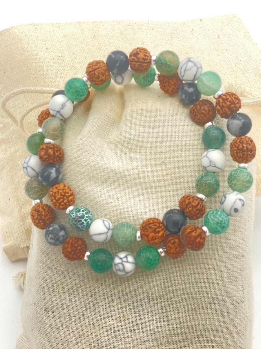 Healing bracelet with rudraksha, white howlite, snowflake obsidian and silver