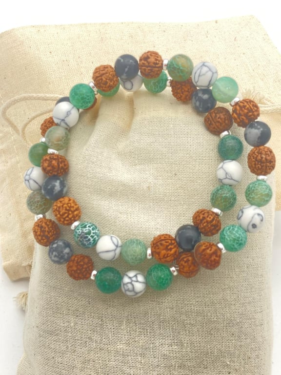 Healing bracelet with rudraksha, white howlite, snowflake obsidian and silver