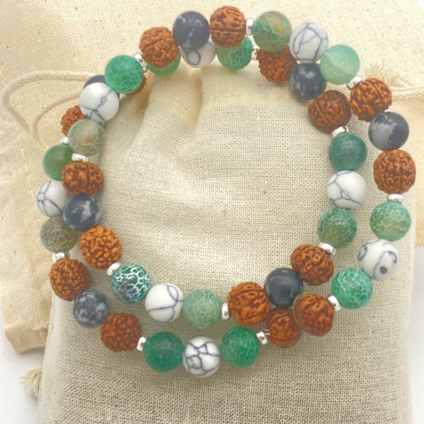 Healing bracelet with rudraksha, white howlite, snowflake obsidian and silver