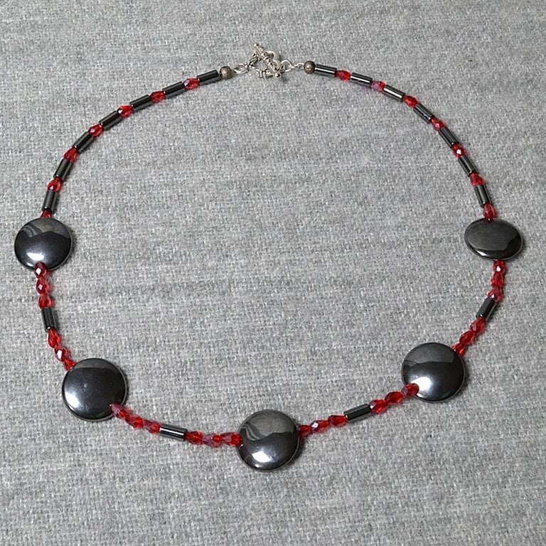 Hematite Disc and Tube Necklace with Red AB Crystals