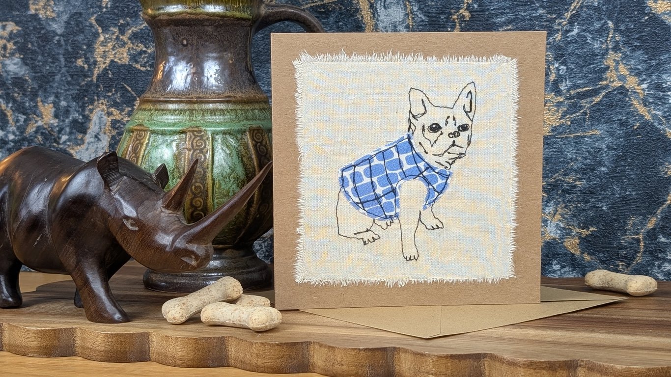 Pug - blank card - handmade stitched dog card, birthday, greetings card