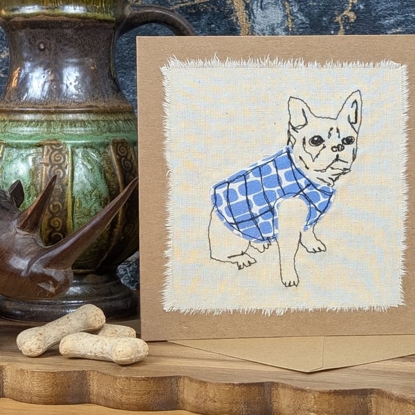 Pug - blank card - handmade stitched dog card, birthday, greetings card