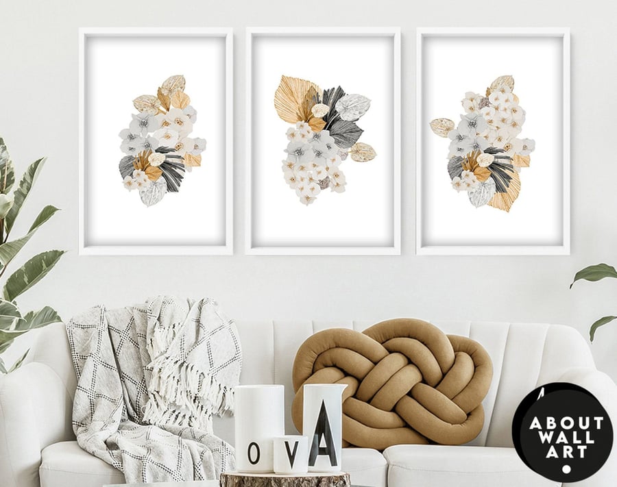 Botanical Floral Set of 3 Posters, Minimalist Farmhouse Wall Hangings, Living Ro