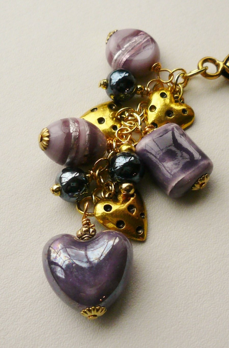Handbag Charm Purple and Dark Blue Glass Bead Gold Tone Heart Themed  KCJ1664