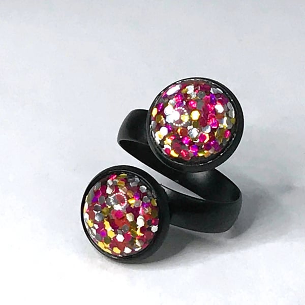 PINK RAINBOW RING glitter resin black double cabochon