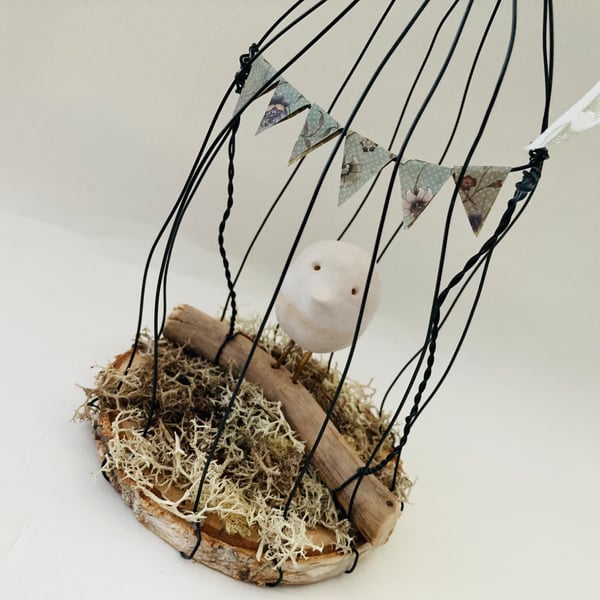 Wire bird cage, wire art sculpture, wire and pottery hanger, fantasy