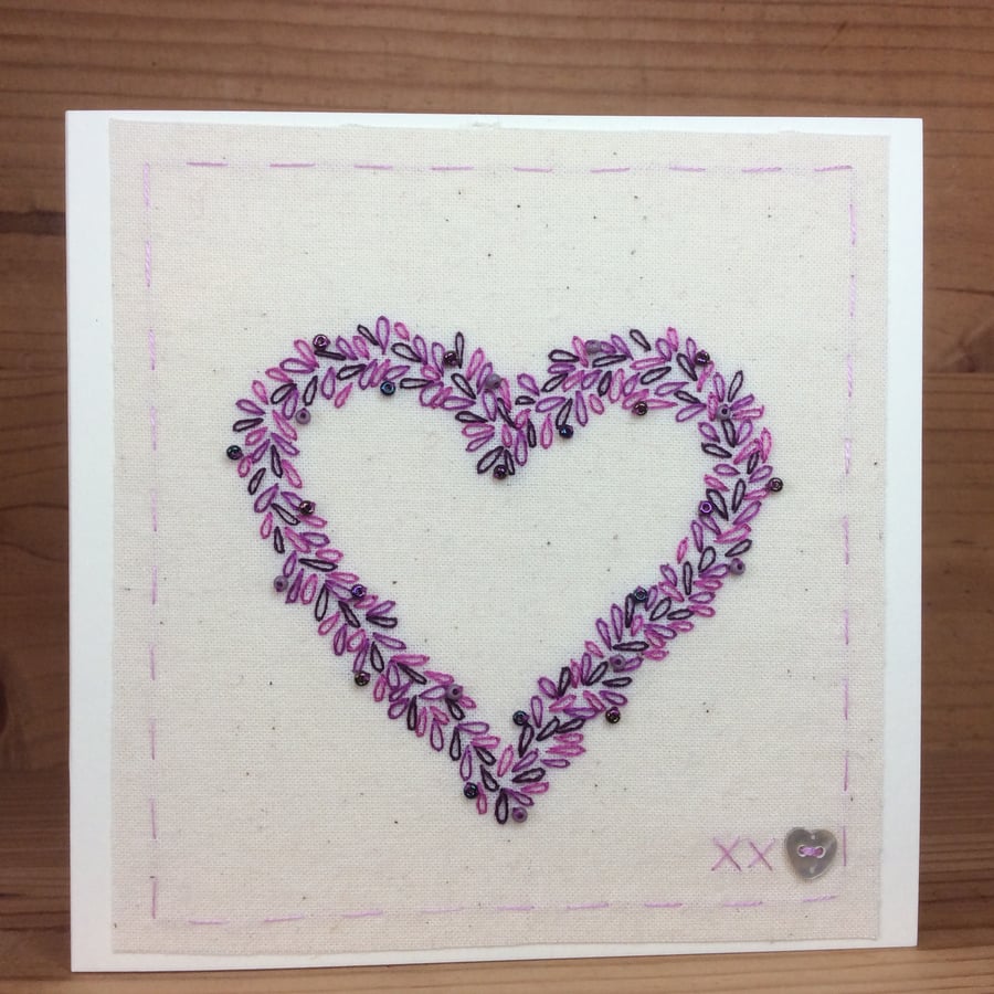 Sparkling purple and lilac heart hand-stitched card