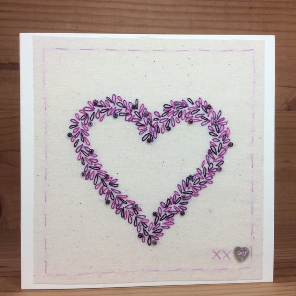 Sparkling purple and lilac heart hand-stitched card
