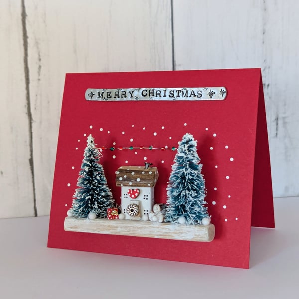 Merry Christmas Card with Handmade Wooden Christmas Decoration Gift 