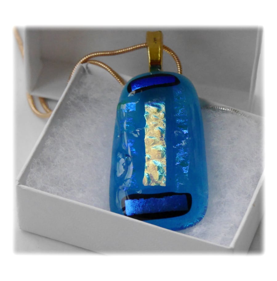 Dichroic Glass Pendant 129 Turquoise Glitter Strip with gold plated chain