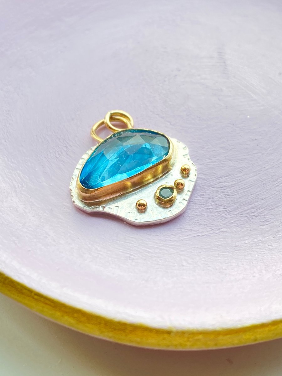 London Blue Topaz and Grandidierite Solid Gold and Silver Pendant