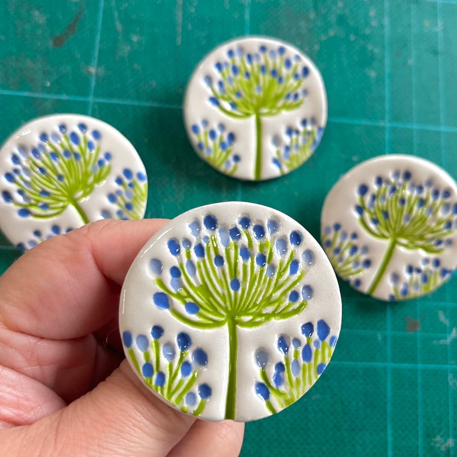 Handmade Ceramic Agapanthus brooch, Hand Made Pottery Badge