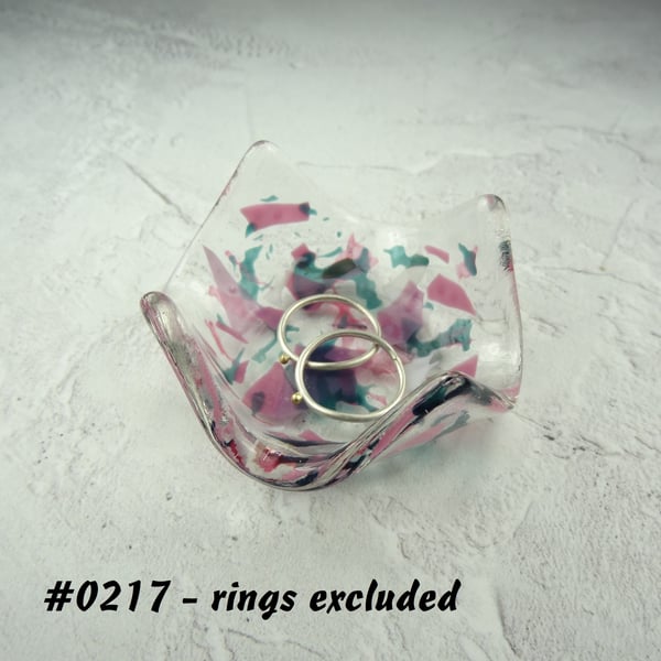 Pink turquoise white fused glass ring dish, 7cm approx, handcrafted (0217)