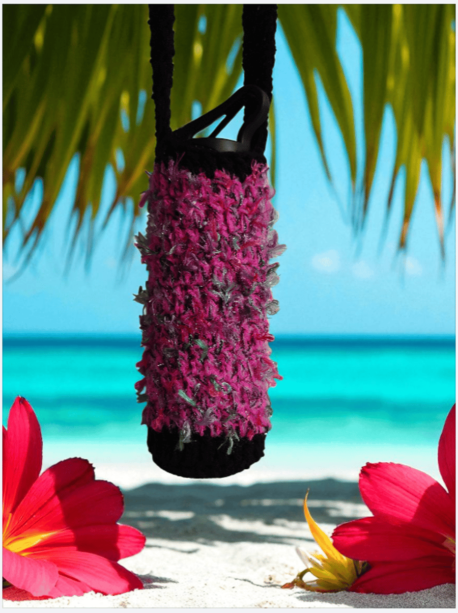 Hand Crochet Water Bottle Holder Crossbody Water Bottle Carrier Hot Pink Black