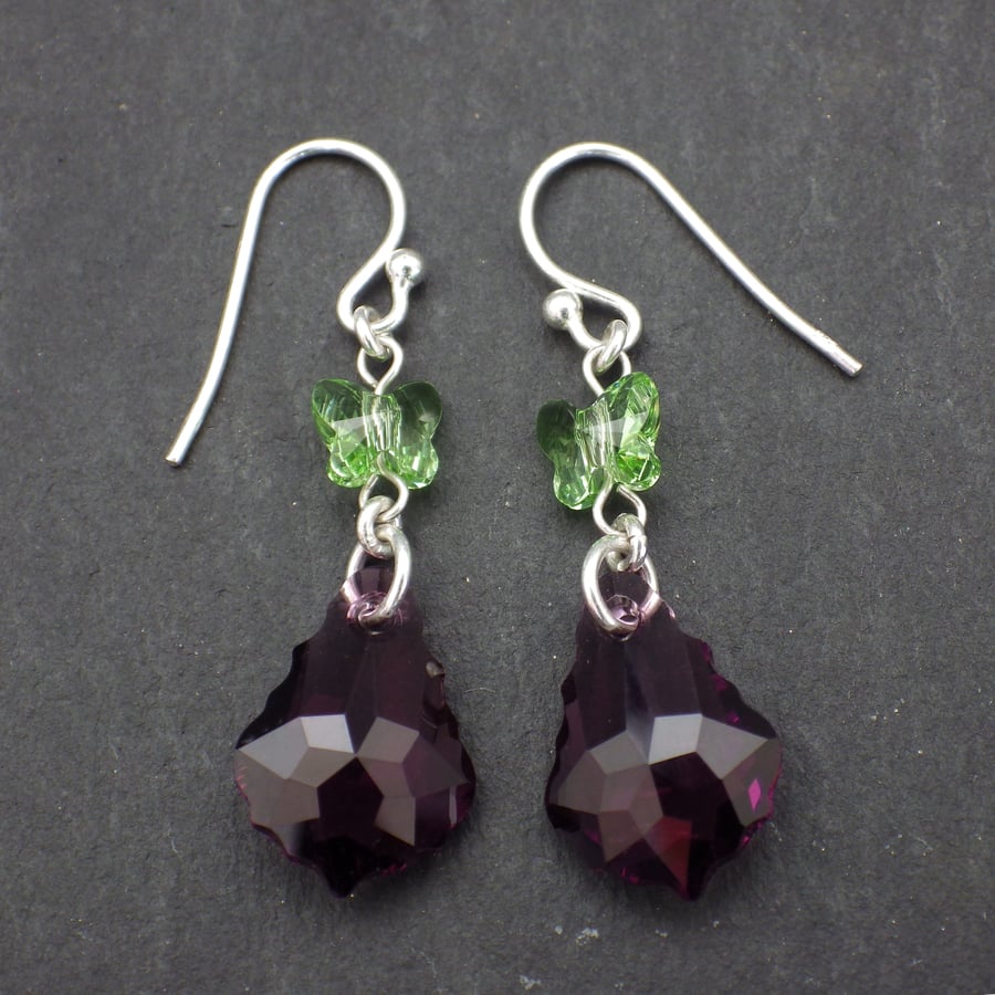 Swarovski amethyst purple baroque bead earrings with peridot butterfly beads