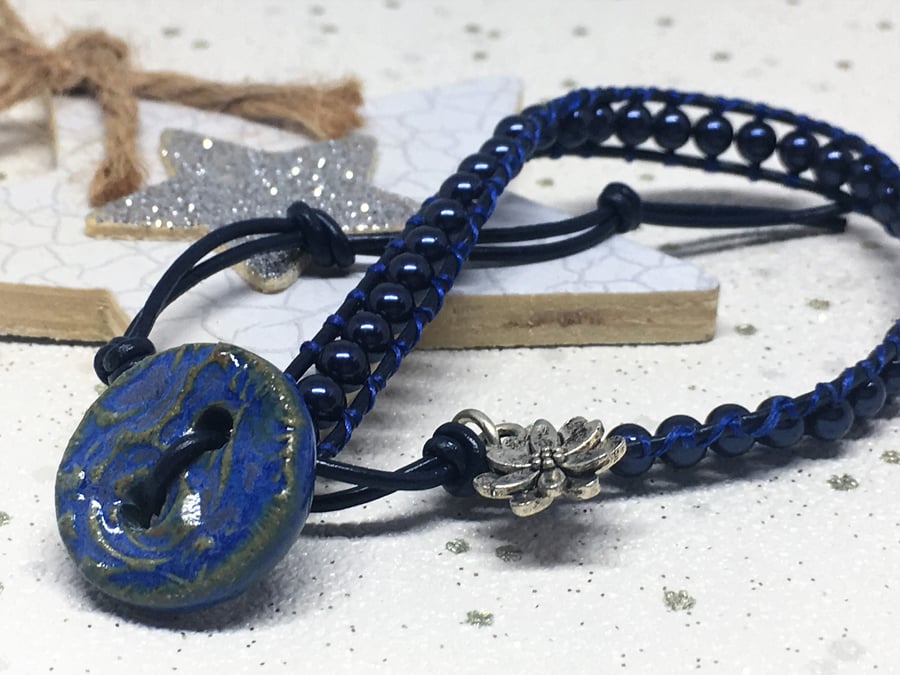 Navy leather glass pearl bracelet with ceramic button