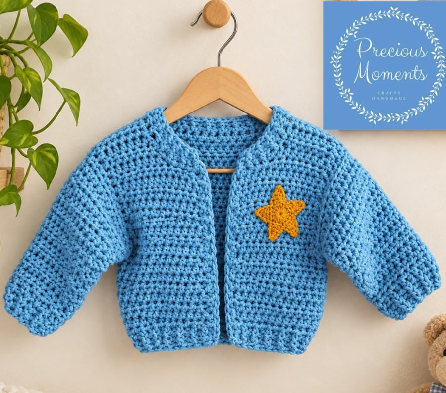 Handmade Crochet Baby Cardigan, Blue Baby Sweater, Star Appliqué, Newborn 