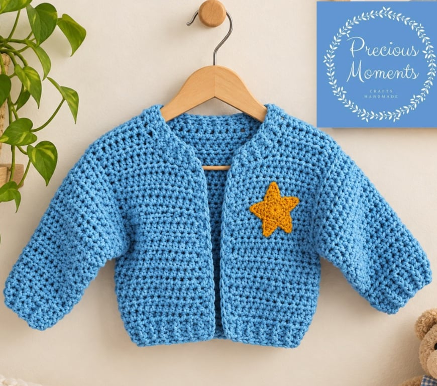 Handmade Crochet Baby Cardigan, Blue Baby Sweater, Star Appliqué, Newborn 