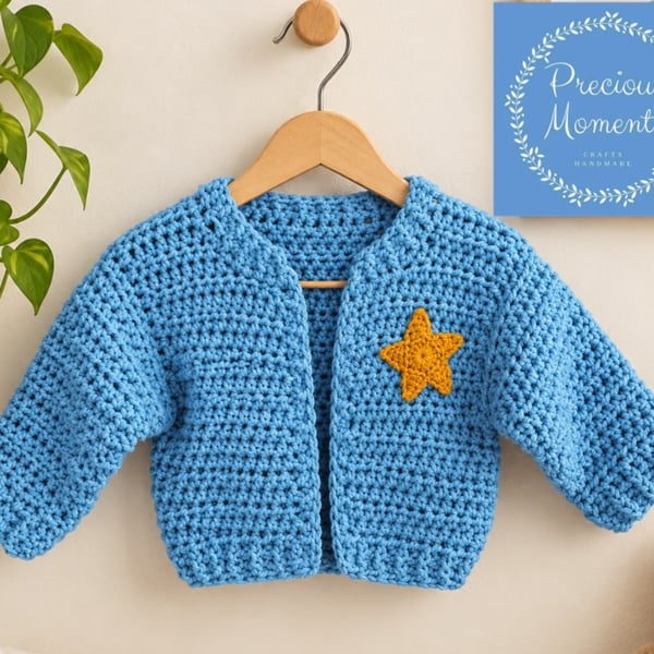 Handmade Crochet Baby Cardigan, Blue Baby Sweater, Star Appliqué, Newborn 