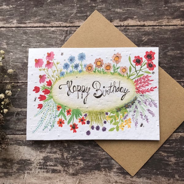 Plantable Seed Paper Birthday Card, Blank Inside, Flower greeting card