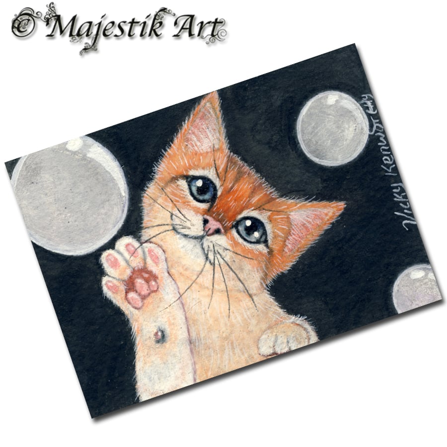 Archival ACEO Ginger Kitten Print 'Bubbles' By V Kenworthy