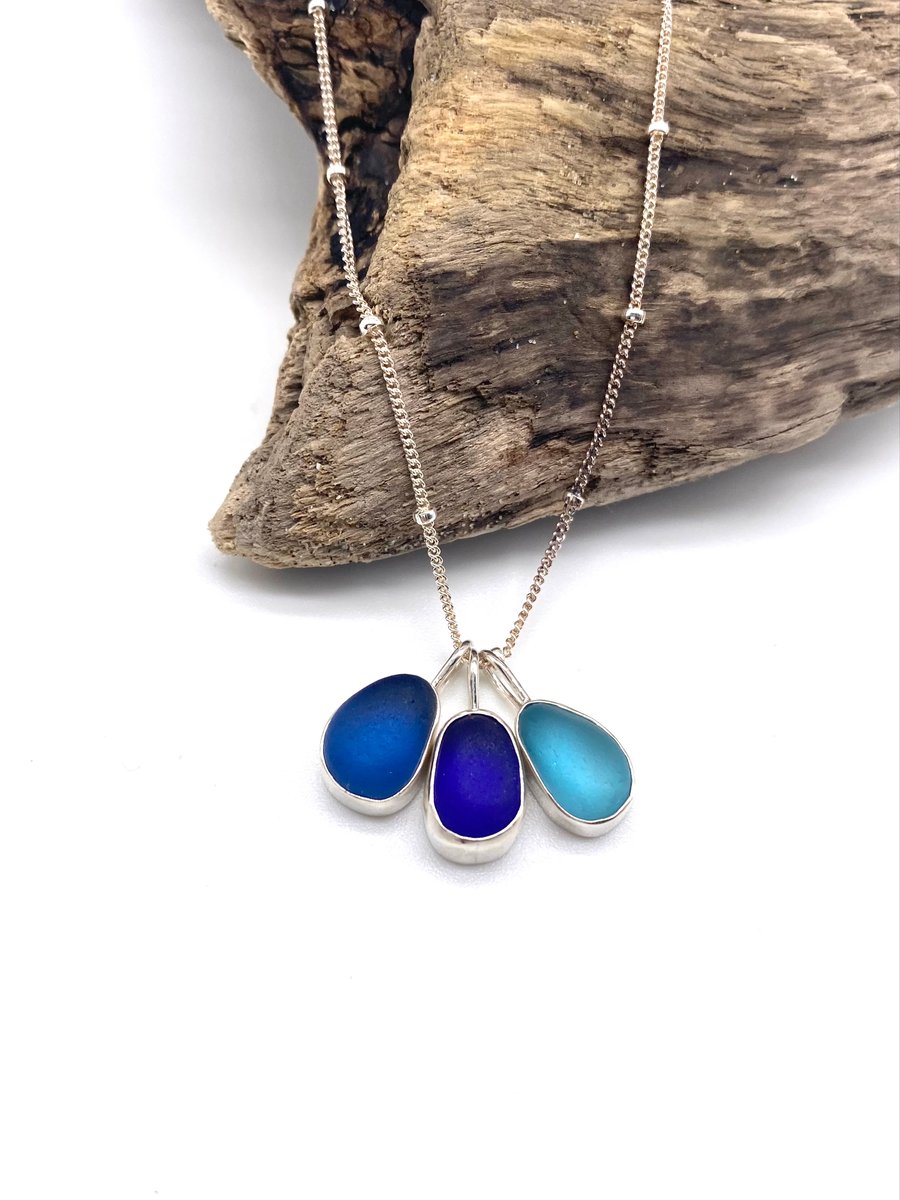 All The Blues Sea Glass Cluster Necklace