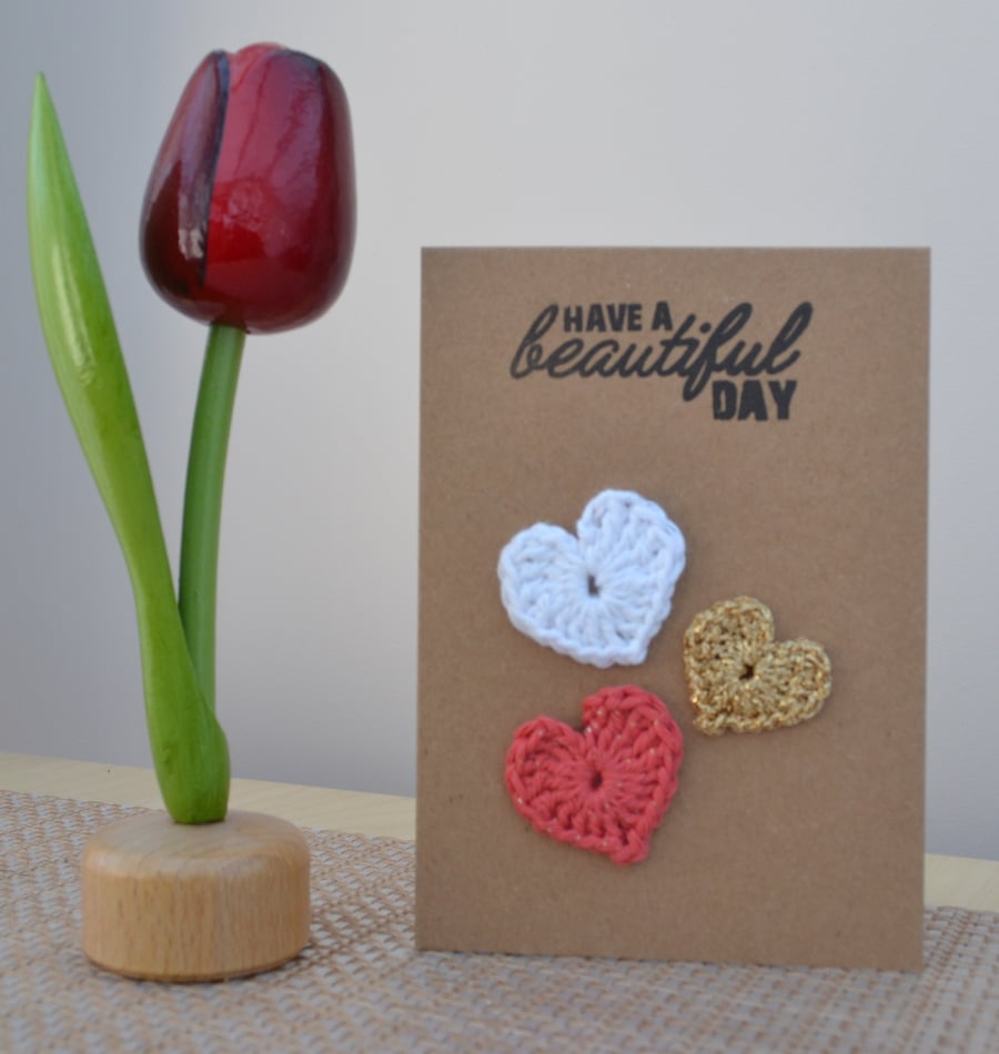 Greeting card with crochet hearts - No. 19