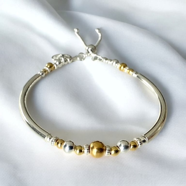 Gold Silver Tree of Life Bracelet,  Sterling Silver Adjustable Slider Clasp
